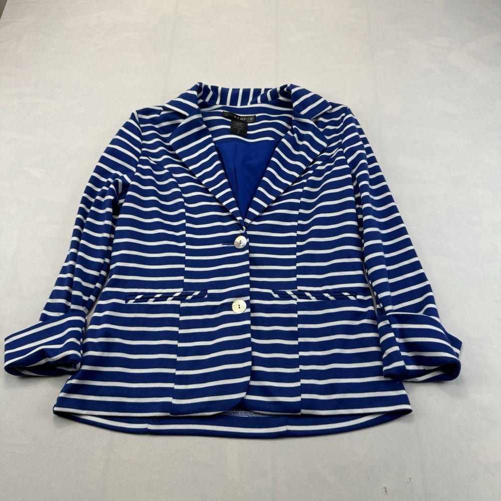 LM Studio Blue White Stripe Knit Blazer Jacket Women's 6 Made in Canada